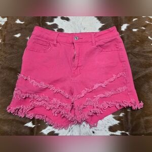 Pink Frayed Denim Women Shorts